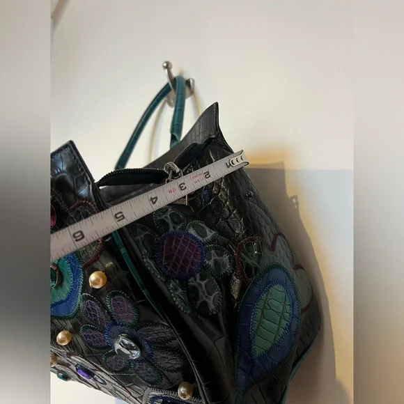 Braccialini Leather Patchwork Embellished Tote Bag Croc Embossed Floral Gem Vtg - Picture 14 of 14